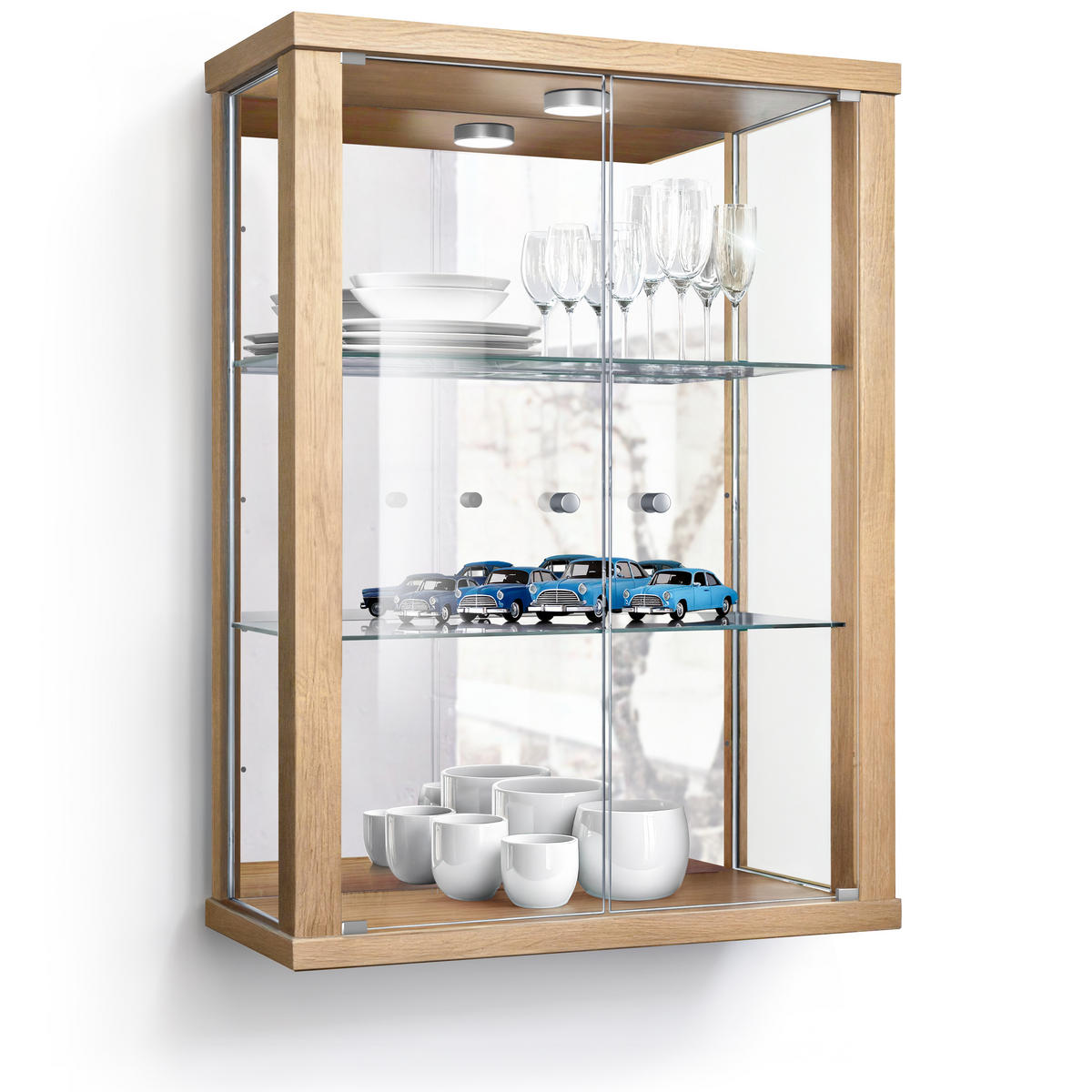 HÄNGEVITRINE 25/60/80 cm mit Spiegel, LED & 2 höhenverstellbaren Glasböden - Transparent/Silberfarben, Glas/Holzwerkstoff (60/80/25cm) - K-Möbel
