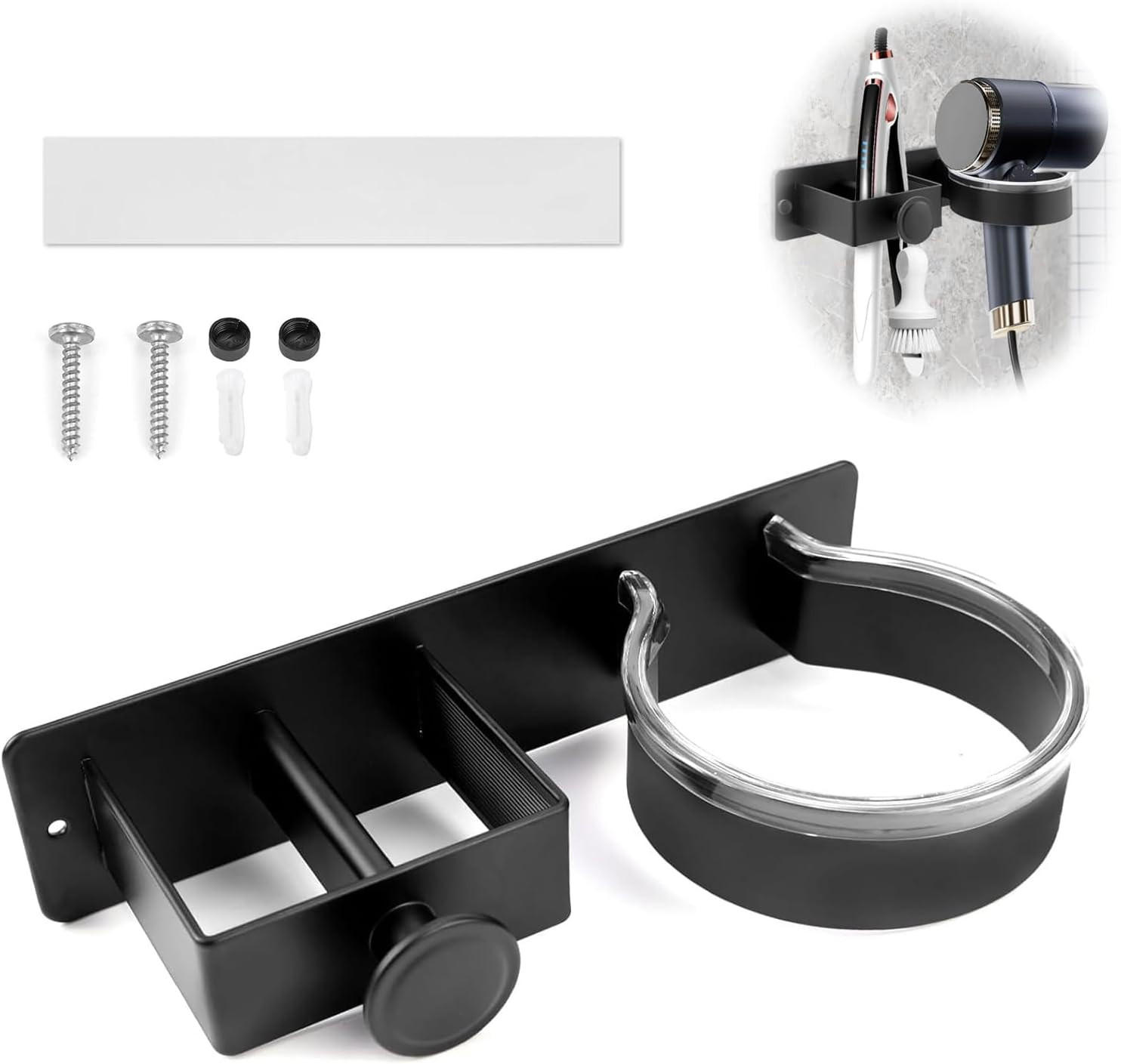 HAARTROCKNERHALTER , Wandmontierter,3-in-1 selbstklebender - Schwarz, Metall (5/6/21cm) - BELZ