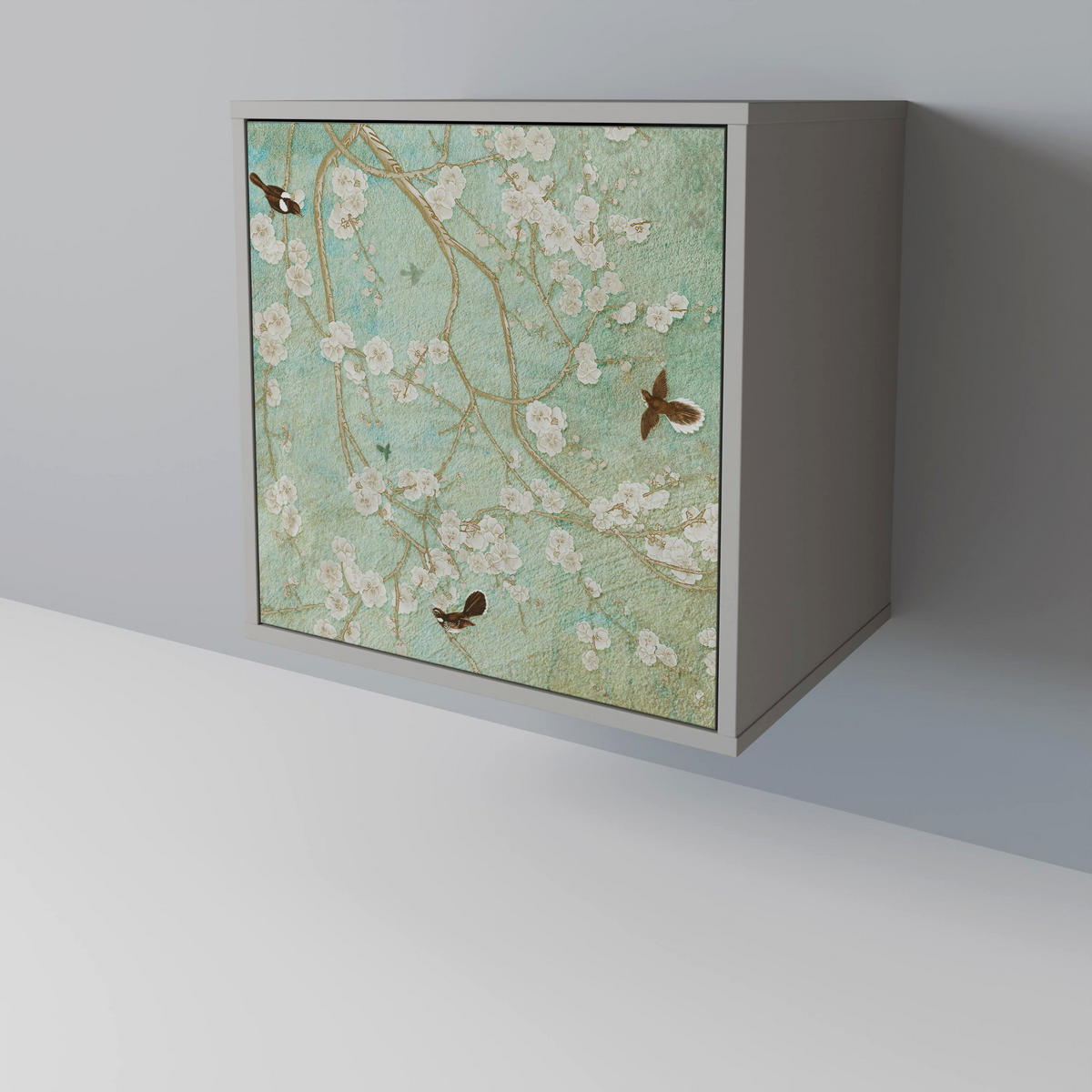SIDEBOARD BLOOMING CHARM, Grau, 57,5x42x72,5 cm, Schwarze Metallfüße - Multicolor/Schwarz, Holzwerkstoff/Metall (57.5/72.5/42cm) - SpaceRebels