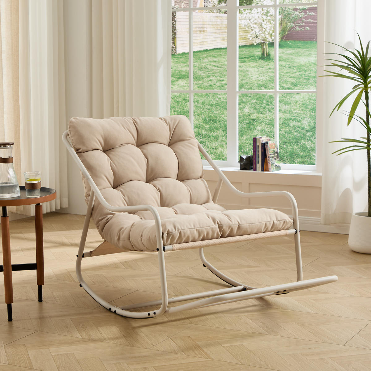 SCHAUKELSTUHL mit Dickem Kissen,Beige Metallrahmen für Garten Balkon Wohnzimmer - Beige, Metall (75/82/116cm) - PARAFTA HOME