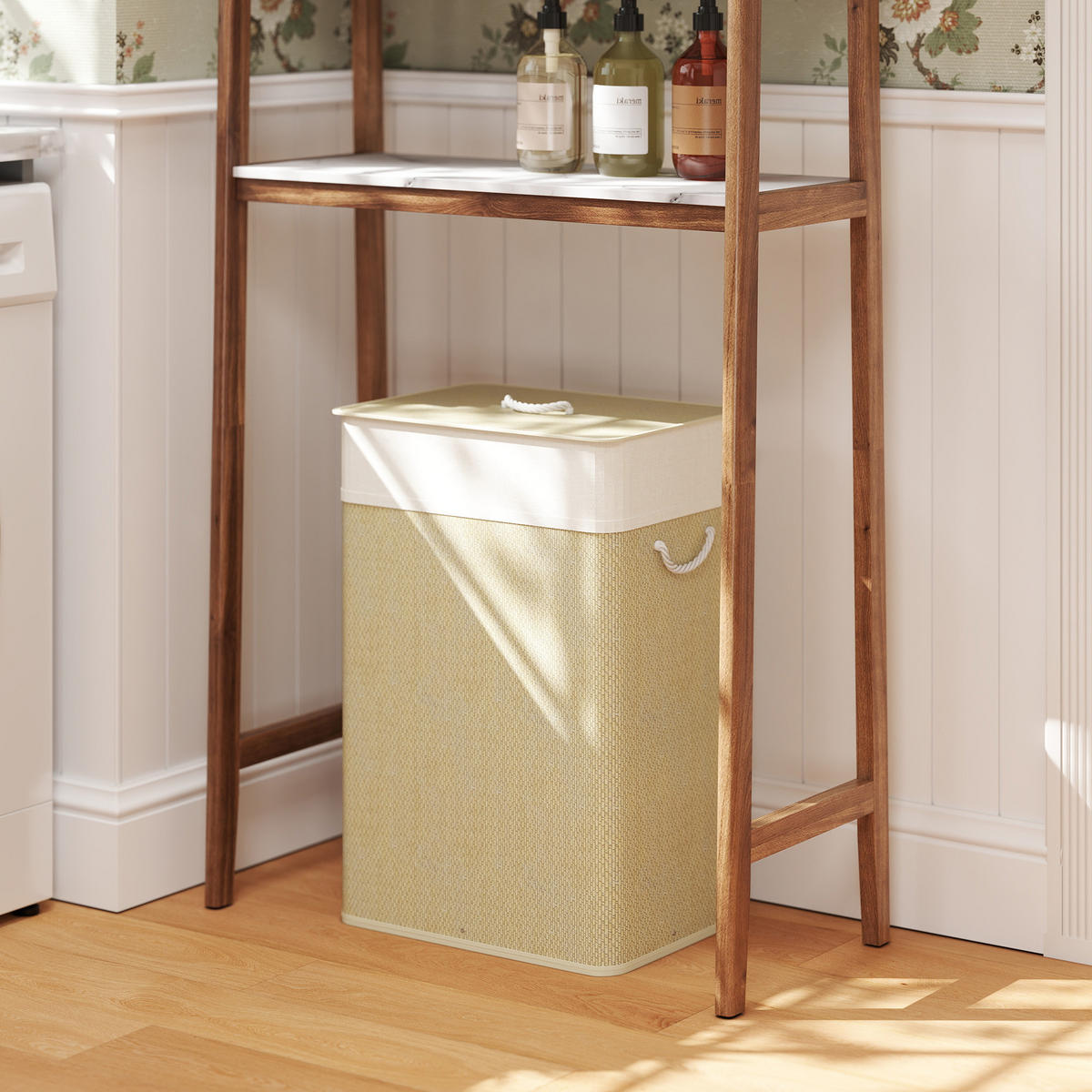 BAMBUS Wäschekorb mit Deckel 72 L Wäschesammler mit Seilgriffen Naturholz - Creme/Naturfarben, Naturmaterialien/Textil (30/60/40cm) - HOMCOM