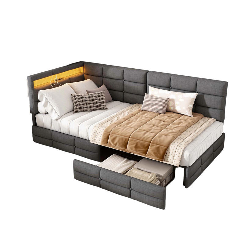 POLSTERBETT 90/200 cm grau mit Schublade, LED und USB - Grau, Holz