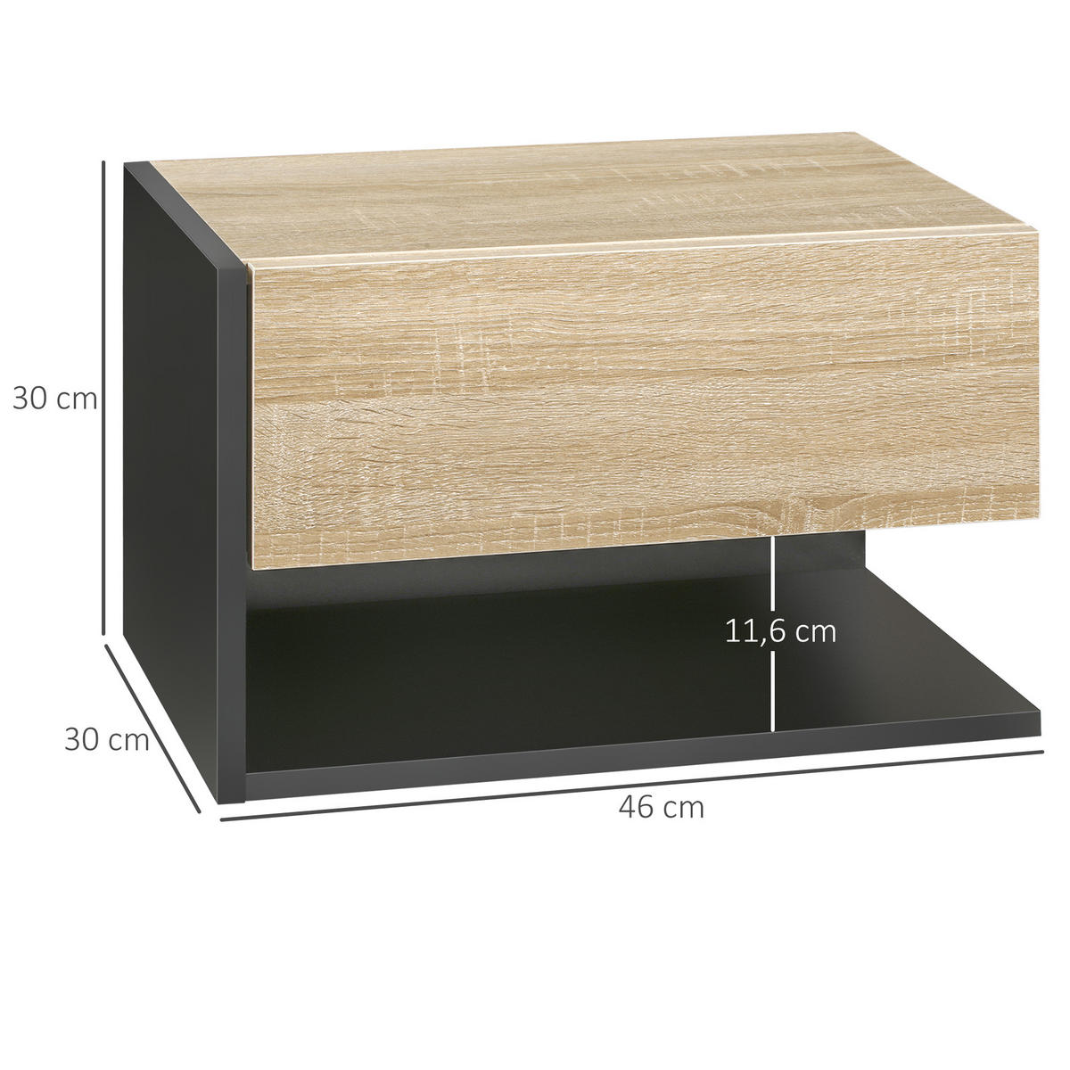 NACHTSCHRANK 2er-Set DE-12808 Schublade und offenes Fach Schwarz/Eiche hell - Schwarz, Holzwerkstoff (30/30/46cm) - ComfortXL