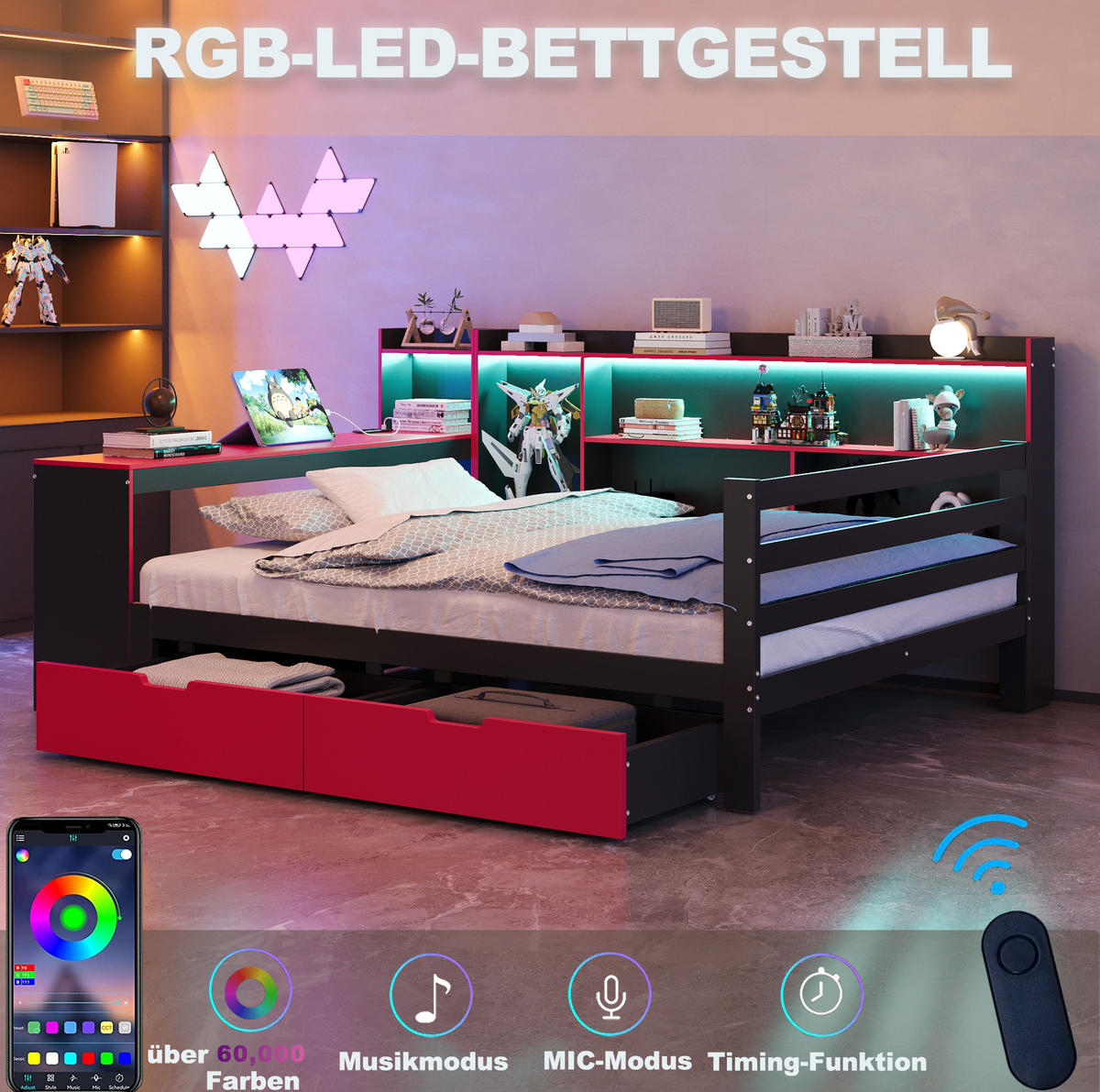 POLSTERBETT 140/200 cm mit Schreibtisch, Regalen, LED-Beleuchtung und USB-Steckdosen, Schwarz/Rot - Schwarz, Holzwerkstoff (140/200cm) - Redom