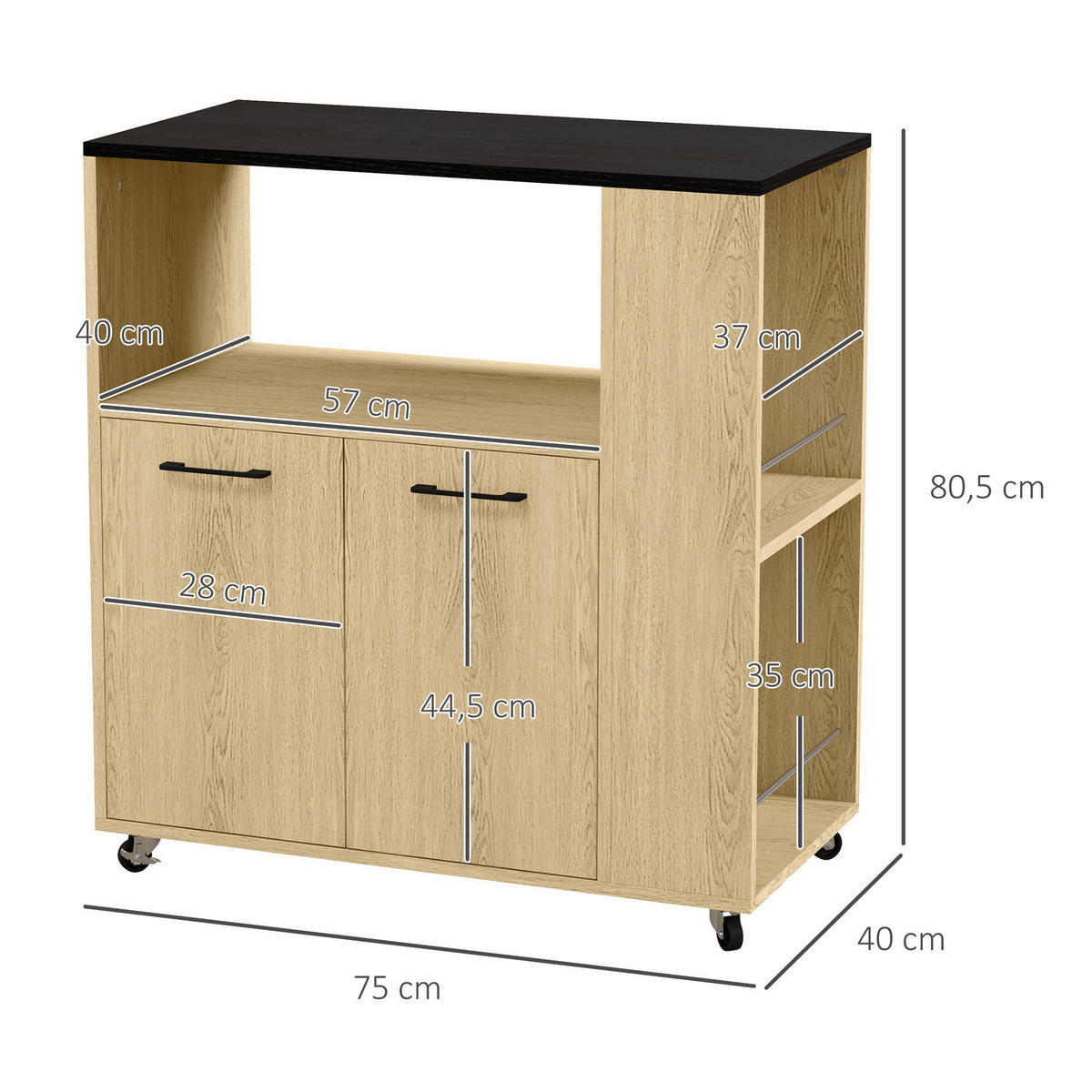 SERVIERWAGEN DE-17146 mit Rollen & viel Stauraum - Naturfarben, Holzwerkstoff (40/80.5/75cm) - ComfortXL