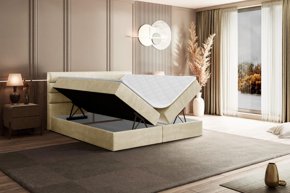BOXBETT mit Matratze H4 und Lattenrost - CELESTIA - 200x200 cm - H4 - Beige - Beige, Holzwerkstoff (200/200cm) - ALTDECOR