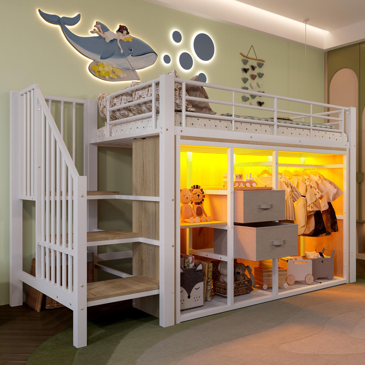 HOCHBETT 90/200 cm in Weiß – mit 2 Schubladen, Kleiderbereich und LED - Weiß, Metall (90/200cm) - BEAOK