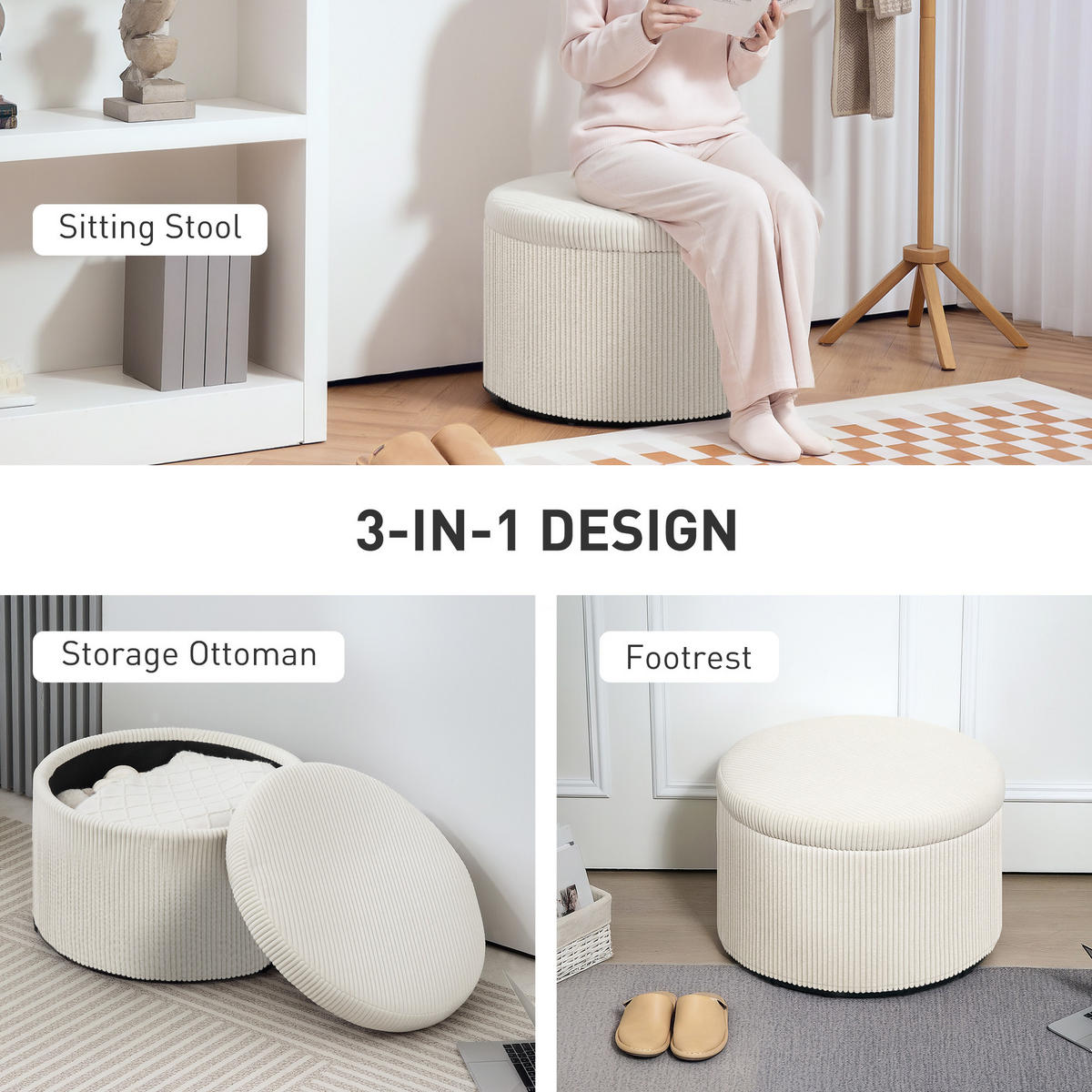 SITZHOCKER mit Stauraum Hocker mit Deckel, Runder Polsterhocker für Wohnzimmer - Beige, Holzwerkstoff (60/41/60cm) - HOMCOM
