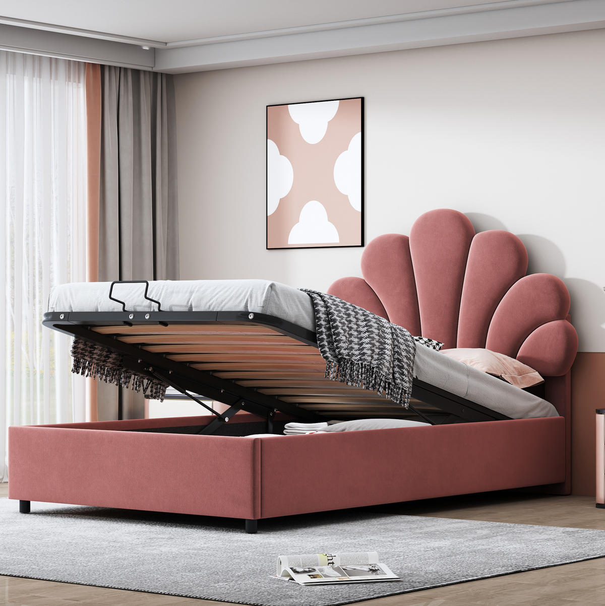 KINDEREINZELBETTEN aus Samt 90x200 cm in Rosa mit hydraulischem Stauraum - Rosa, Textil (90/200cm) - Modfu
