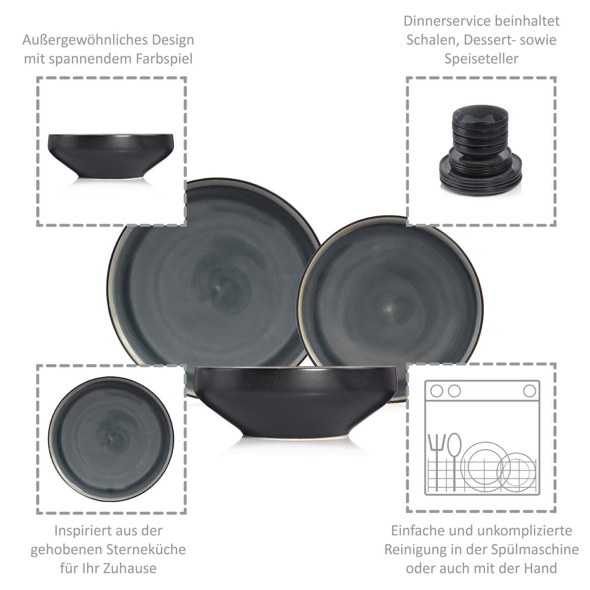 TAFELSERVICE HELSINKI - 12 teilig aus Steingut - Grau, Keramik (34.5/33/41.5cm) - Sänger