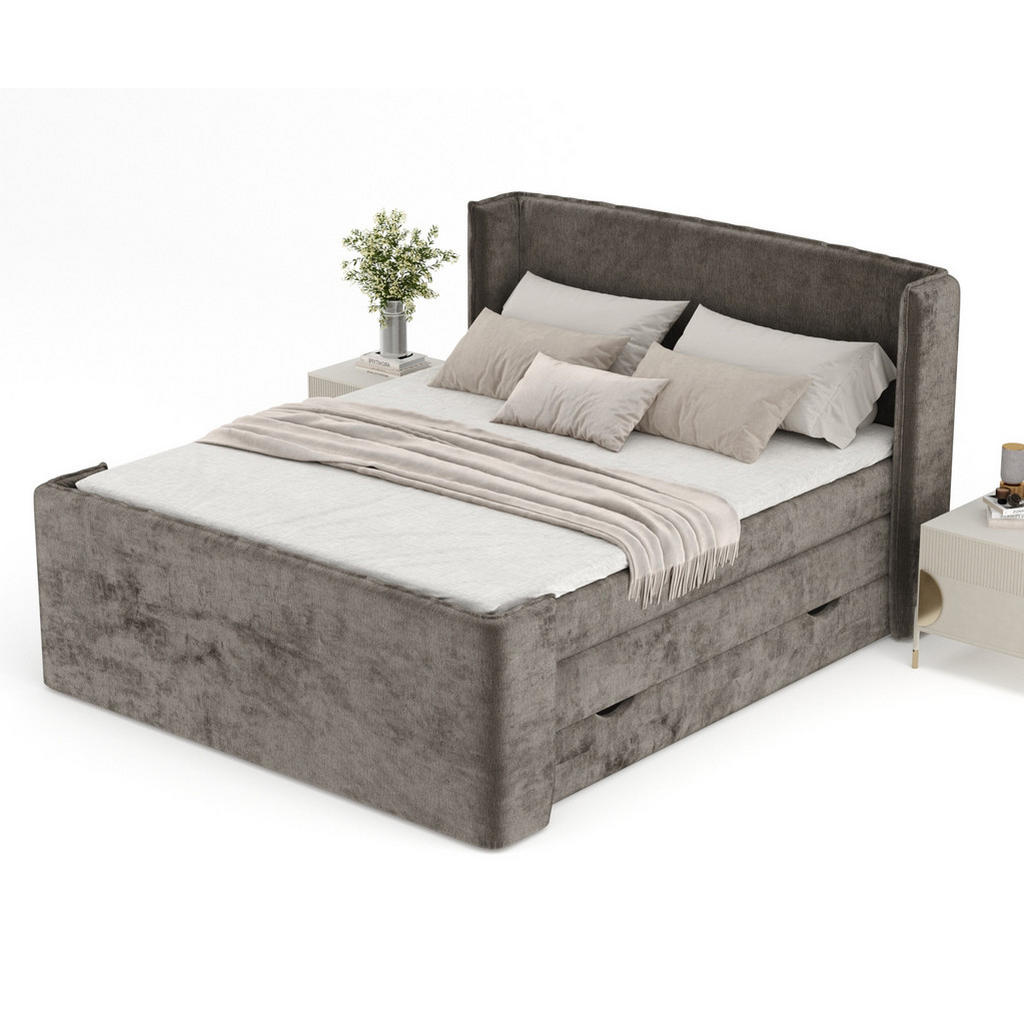 Thumbnail - Maison de Reve Boxspringbett, Dunkelbraun, Textil, Buche, Kiefer, H3, Höhe ca. 37 cm, 200x200 cm, Oeko-Tex® Standard 100...
