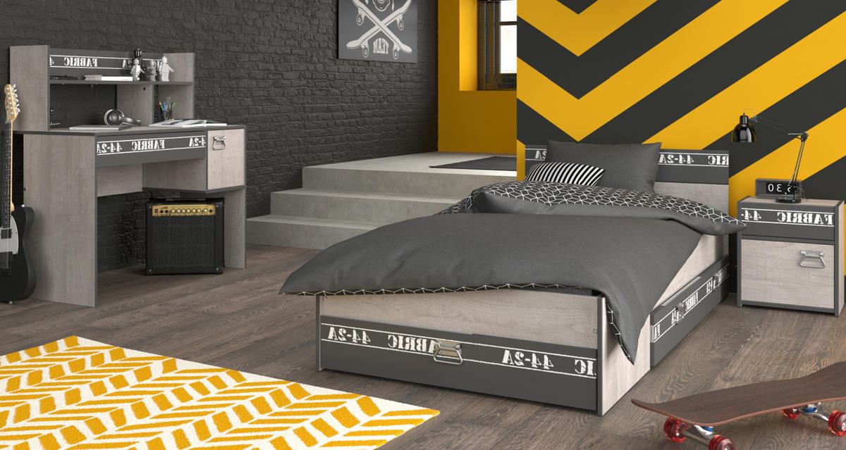 KINDERZIMMER Set 3-tlg mit Schreibtisch Bett 90x200 Nachttisch - Chromfarben/Eschefarben, Holzwerkstoff/Kunststoff (108/114/114cm) - Parisot Meuble