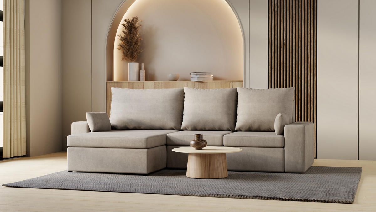 ECKSOFA Paco mit Bettkasten und Schlaffunktion, L-Form/XL-Form, Velourstoff, Universal - Weiß, Holzwerkstoff (276/145cm) - 4ALL HOME