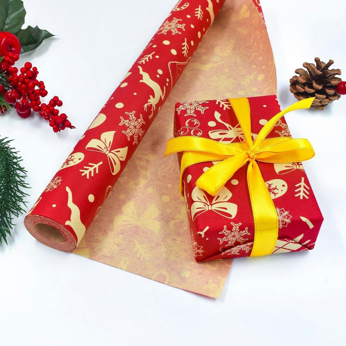 GESCHENKPAPIERROLLE 43 cm x 15 m Rot Weihnachtsmuster Kraftpapier - Rot, Papier (43/43/43cm)