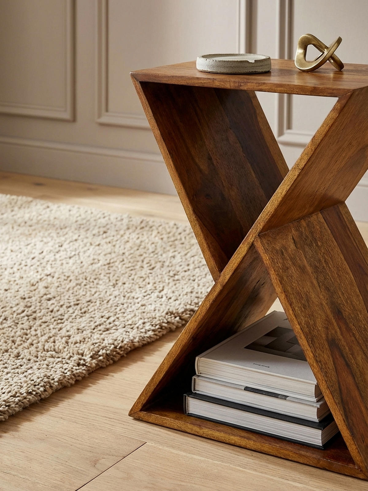 BEISTELLTISCH – Massivholz Braun X-Gestell mit 2 Ablagen - Braun, Holz (30/43/60cm) - KADIMA DESIGN