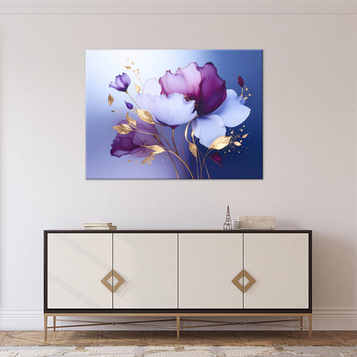 WANDBILD, Lila Blüten auf blauem Hintergrund - Blau, Textil (60/40cm) - Feeby