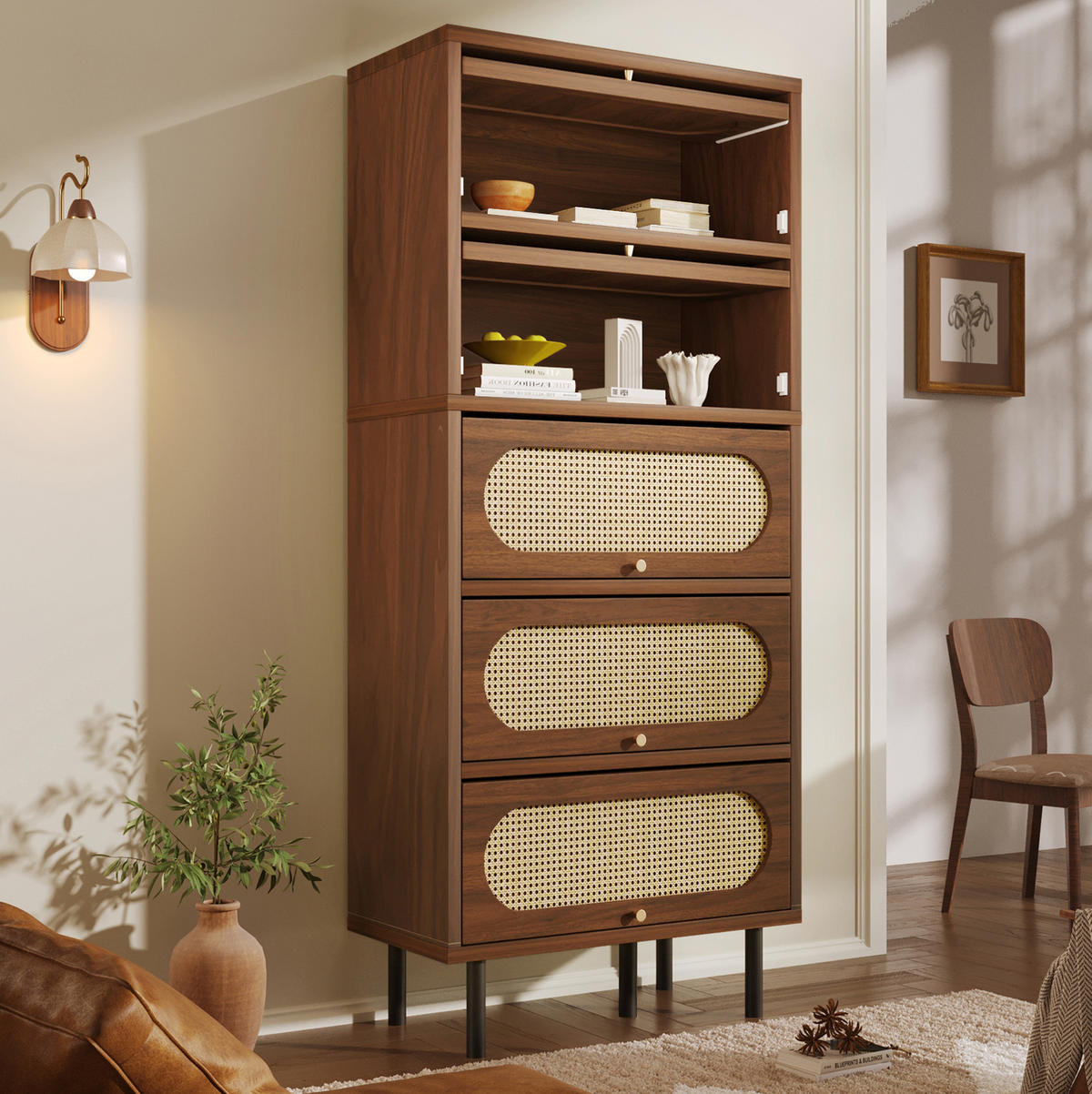 SIDEBOARD 80/40/163 cm Nussbaum aus Holz mit Rattan - Walnussfarben, Holzwerkstoff (40/163/80cm) - OKMYHOME