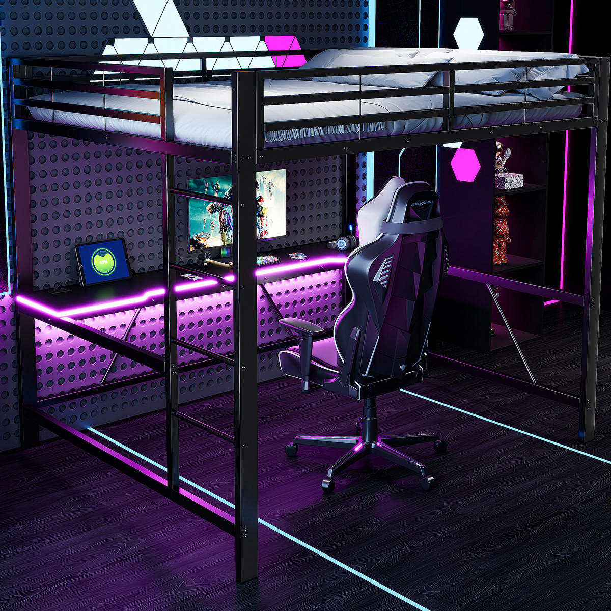 GAMING-HOCHBETT 160x200 cm in Schwarz mit Schreibtisch, LED-Beleuchtung und USB-Ladestation - Schwarz, Holzwerkstoff (160/200cm) - IVMEU