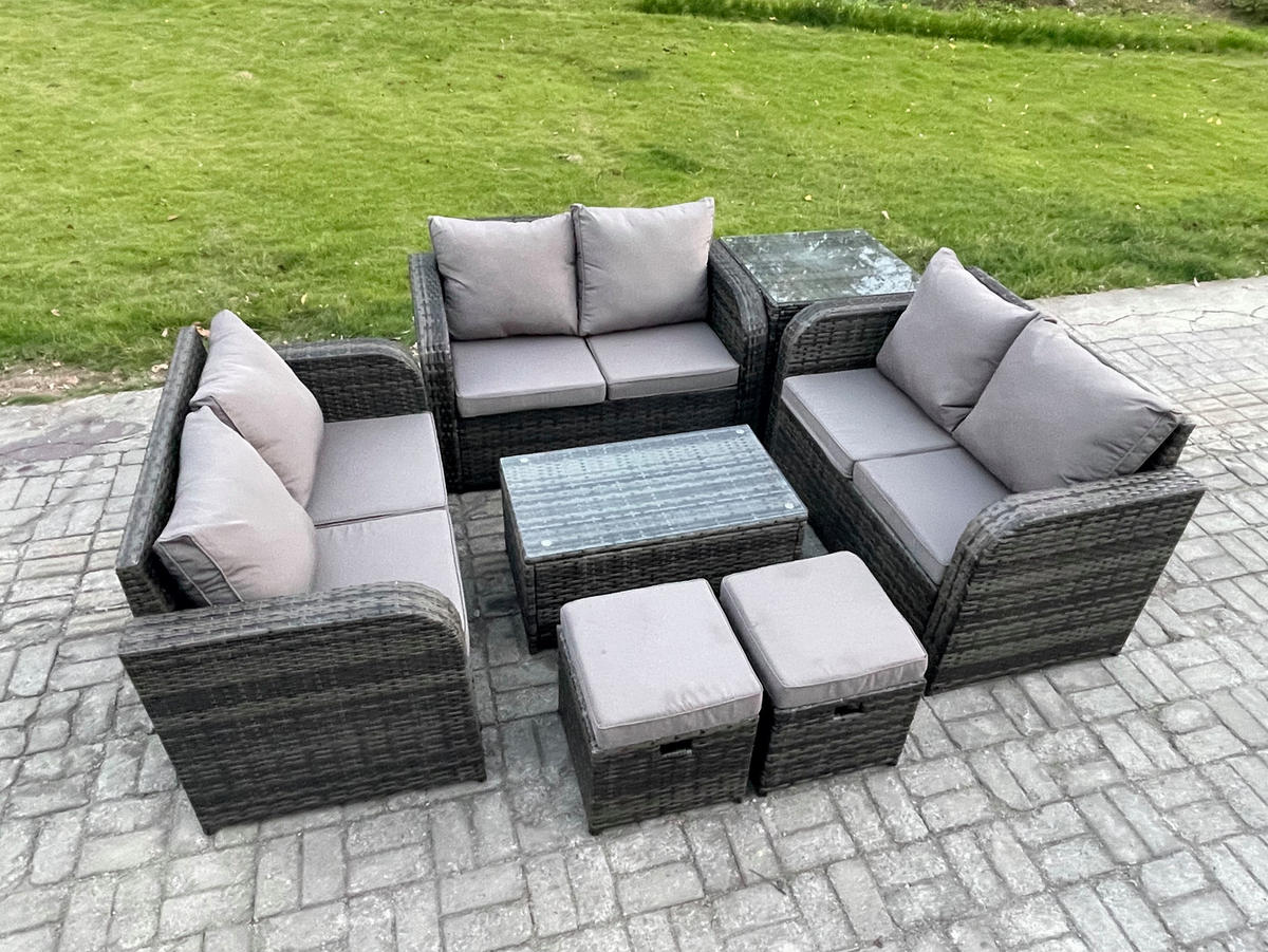 GARTENMÖBELGARNITUR mit KISSEN Polyrattan Dunkelgrau 8-Sitzer - Dunkelgrau/Grau, Glas/Kunststoff - Fimous