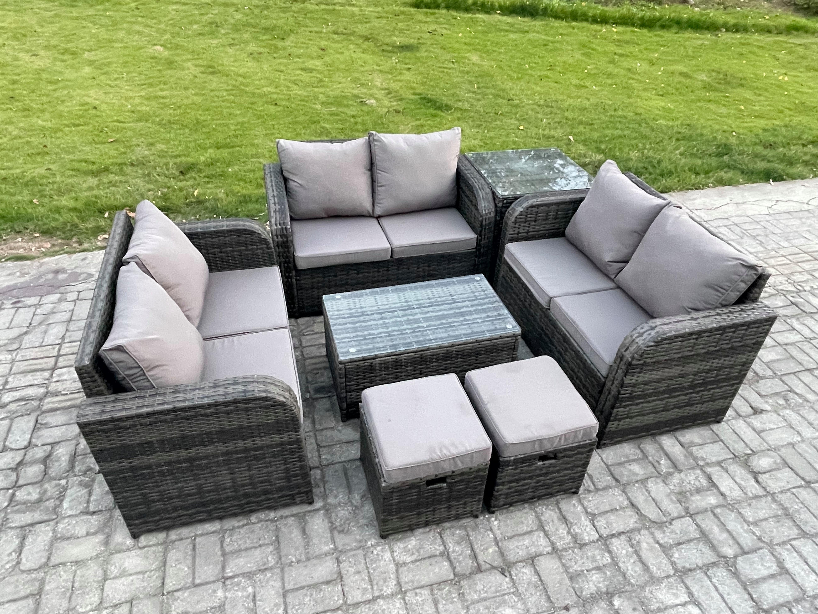 Thumbnail - Fimous Gartenmöbelgarnitur, Dunkelgrau, Metall, Kunststoff, Glas, 8-Sitzer, Füllung: Schaumstoff, rechteckig, Loungemöbe...
