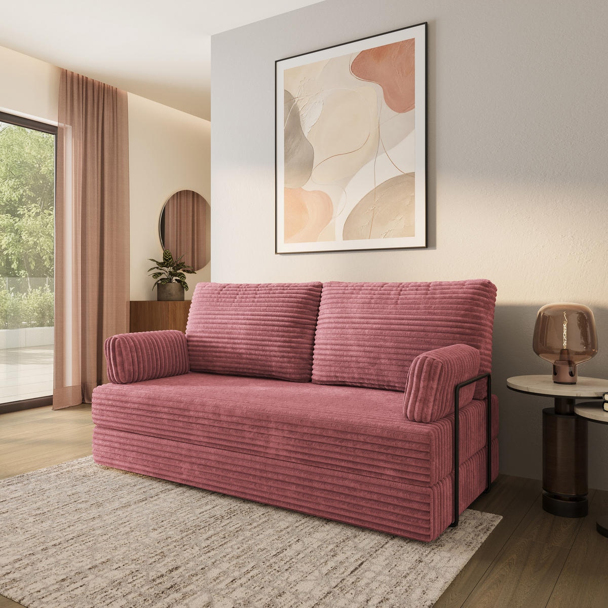 POHOVKA z pěny SILAR s kovovým rámem Manšestrová látka Pudrově růžová - starorůžová/růžová, textil (170/86/80cm) - MASSENO