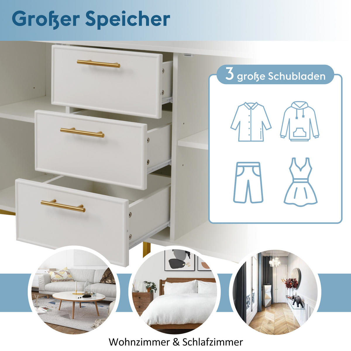 KOMMODE 120/40/75 cm mit 2 Türen, 3 Schubladen, verstellbaren Einlegeböden und Metallfuß, Weiß - Weiß, Holzwerkstoff (120/40/75cm) - Redom