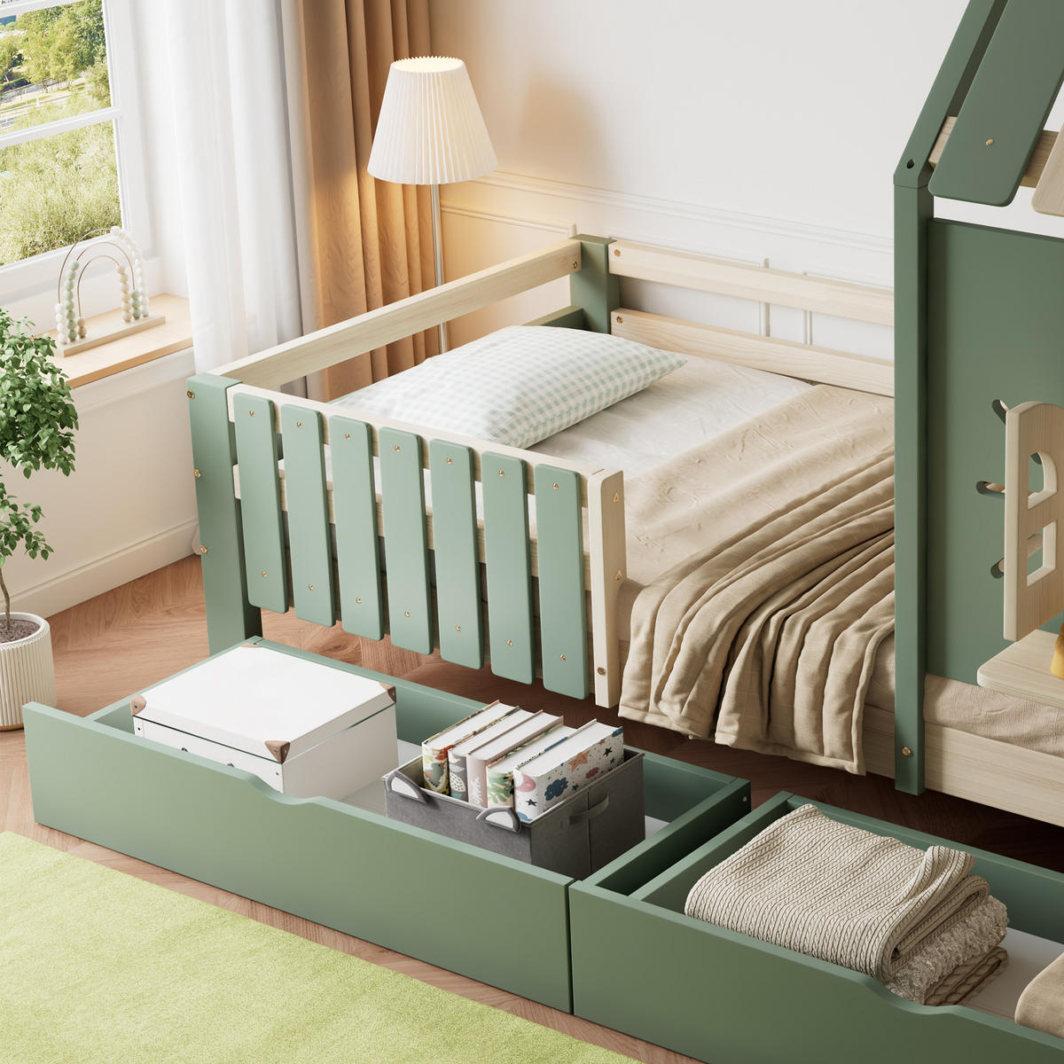 KINDERBETT Hausbett 90x200 cm mit 2 Schubladen Grün Natur - Grün, Holz (90/200cm) - Meubliv