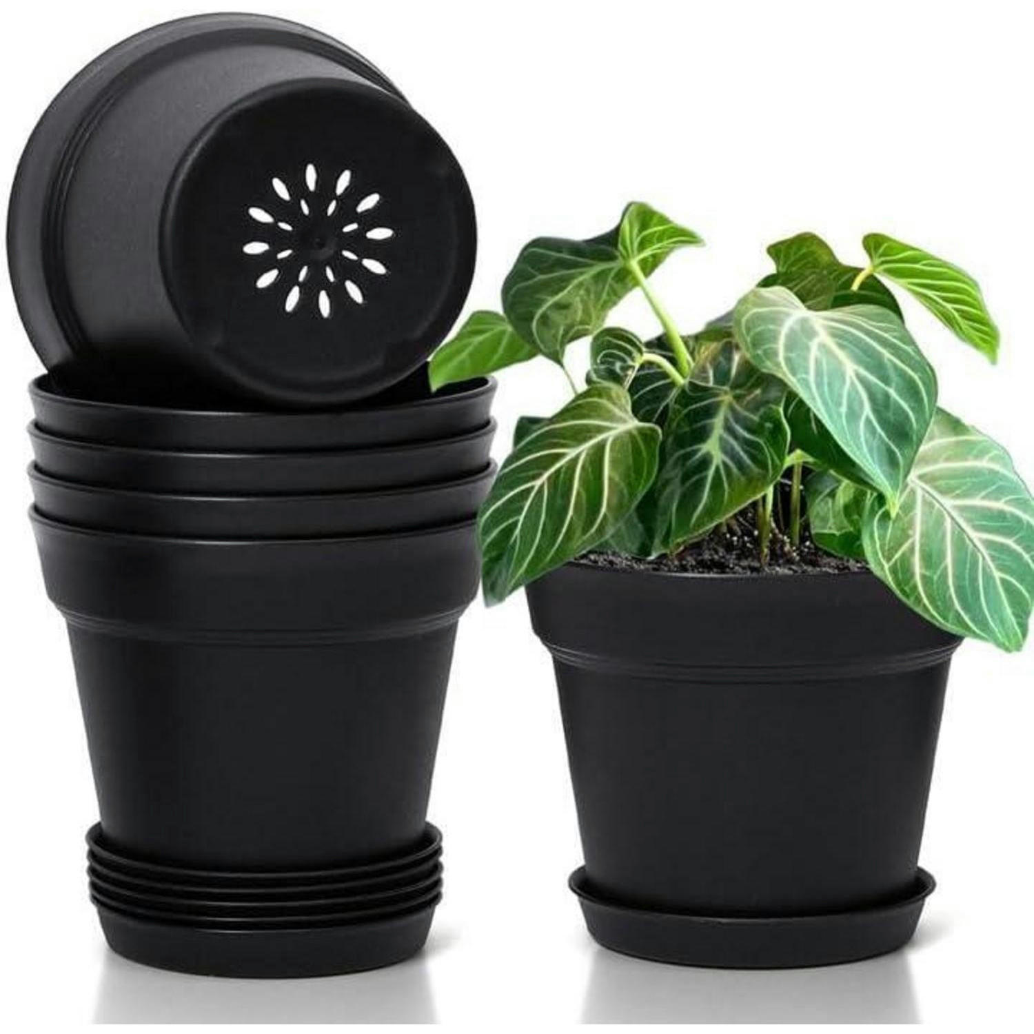 BLUMENTOPF 6er-Set mit Untersetzer Schwarz 19 cm - Schwarz, Kunststoff (19/15.5/19cm)