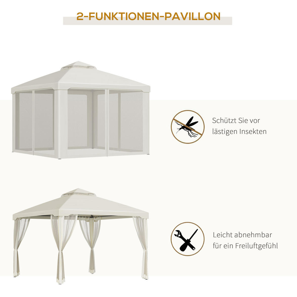 PAVILLON, Grau/Cremeweiß, Polyester, Metall - Creme, Kunststoff (294/265/294cm) - Outsunny