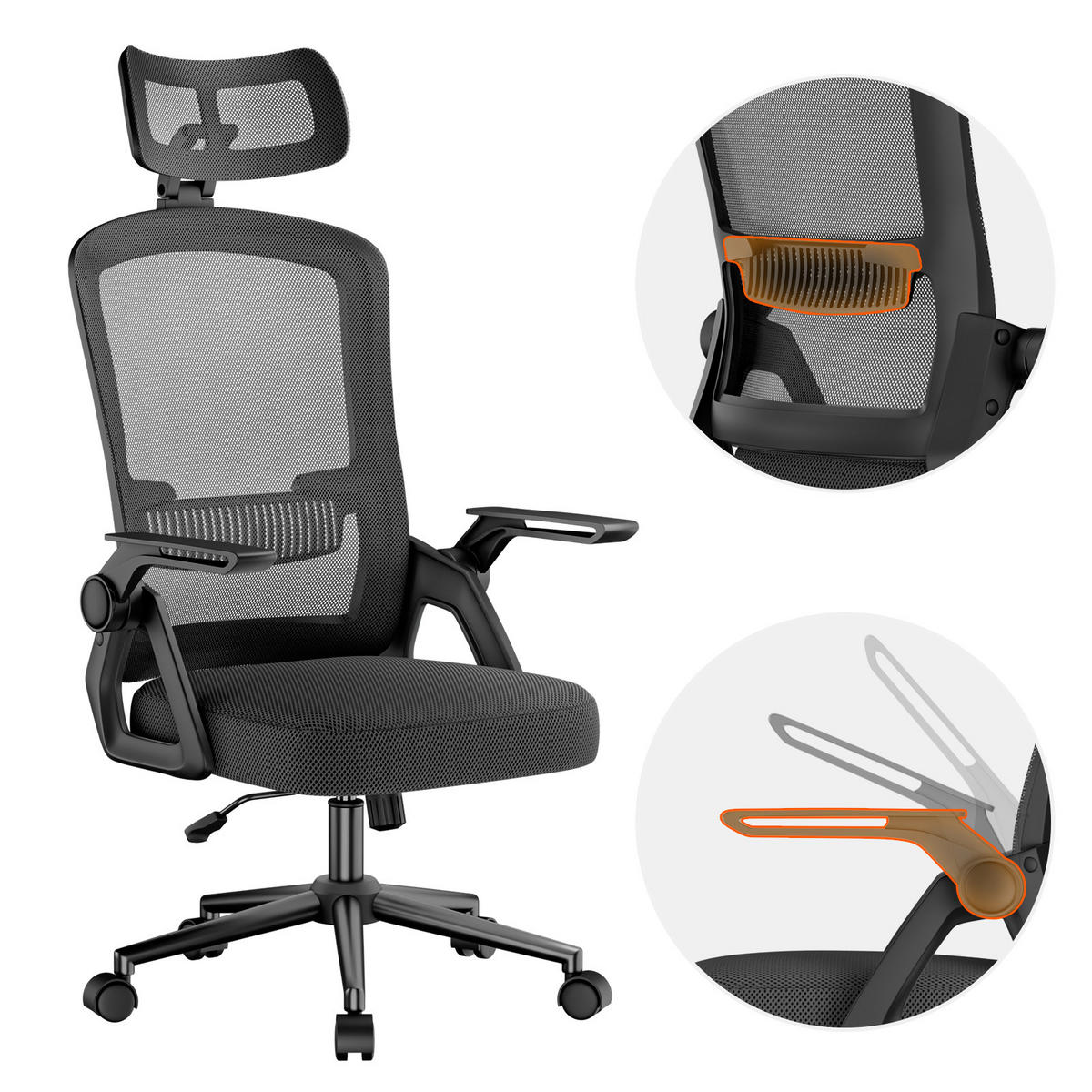 DREHSTUHL Mesh Schwarz ergonomisch klappbare Armlehnen - Schwarz, Metall (23.5/52/62.5cm) - Rattrix