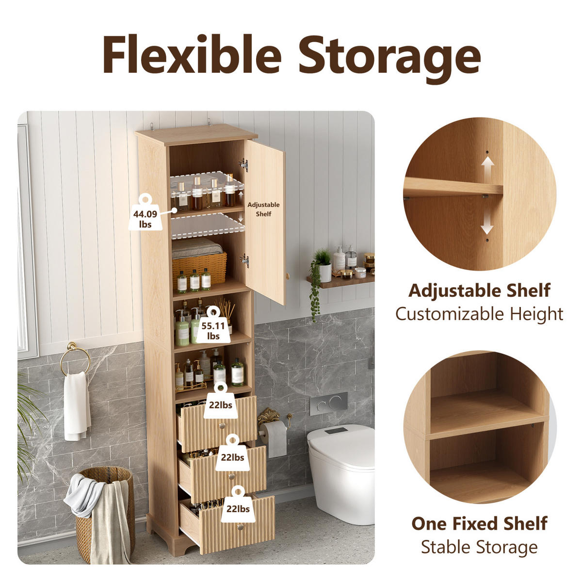 BADEZIMMER Hochschrank mit vertikalem Streifenmuster, Schubladen, offene Regalböden, Naturholzfarbe - Naturfarben, Holz (40/172/30cm) - PARAFTA HOME