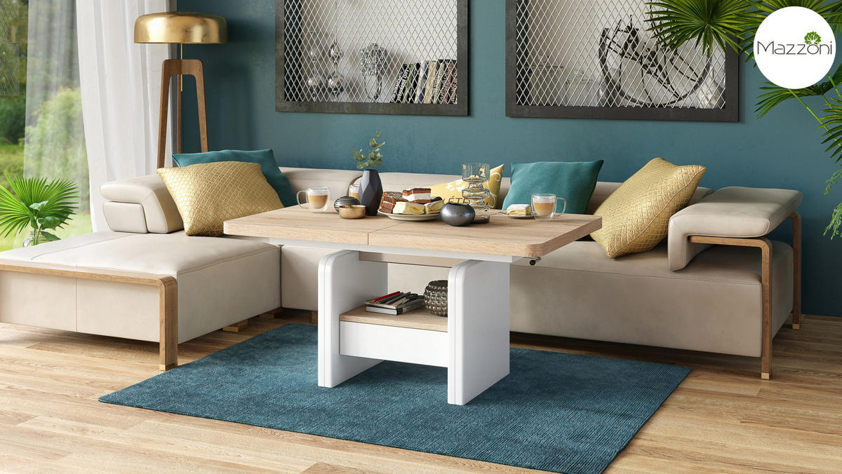COUCHTISCH rechteckig Sonoma Eiche - Weiß höhenverstellbar ausziehbar - Weiß/Sonoma Eiche, Holzwerkstoff (75/180/75cm) - designimpex