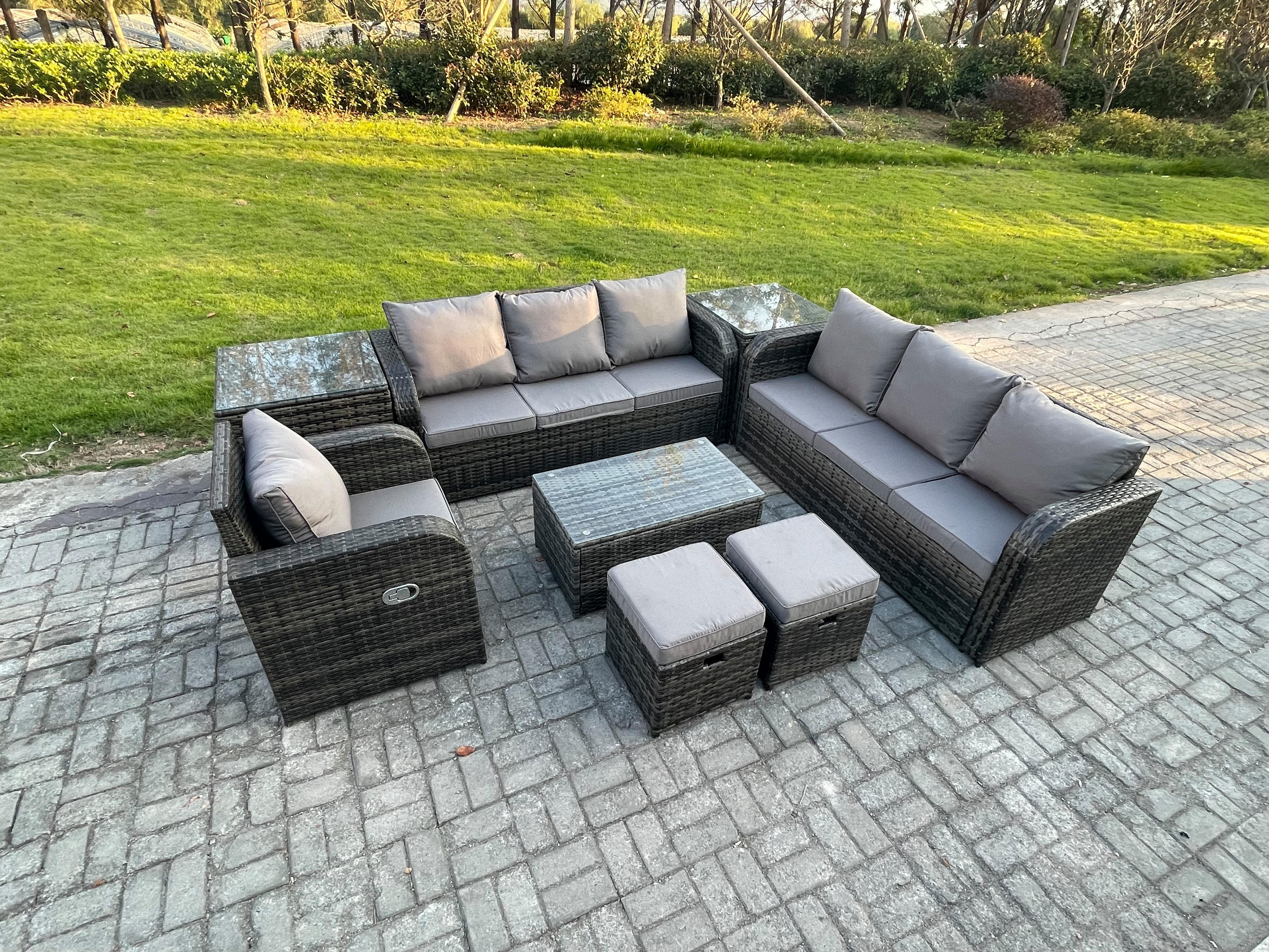 GARTENMÖBEL-SET mit Kissen Polyrattan Dunkelgrau 9-Sitzer - Dunkelgrau/Grau, Glas/Kunststoff - Fimous