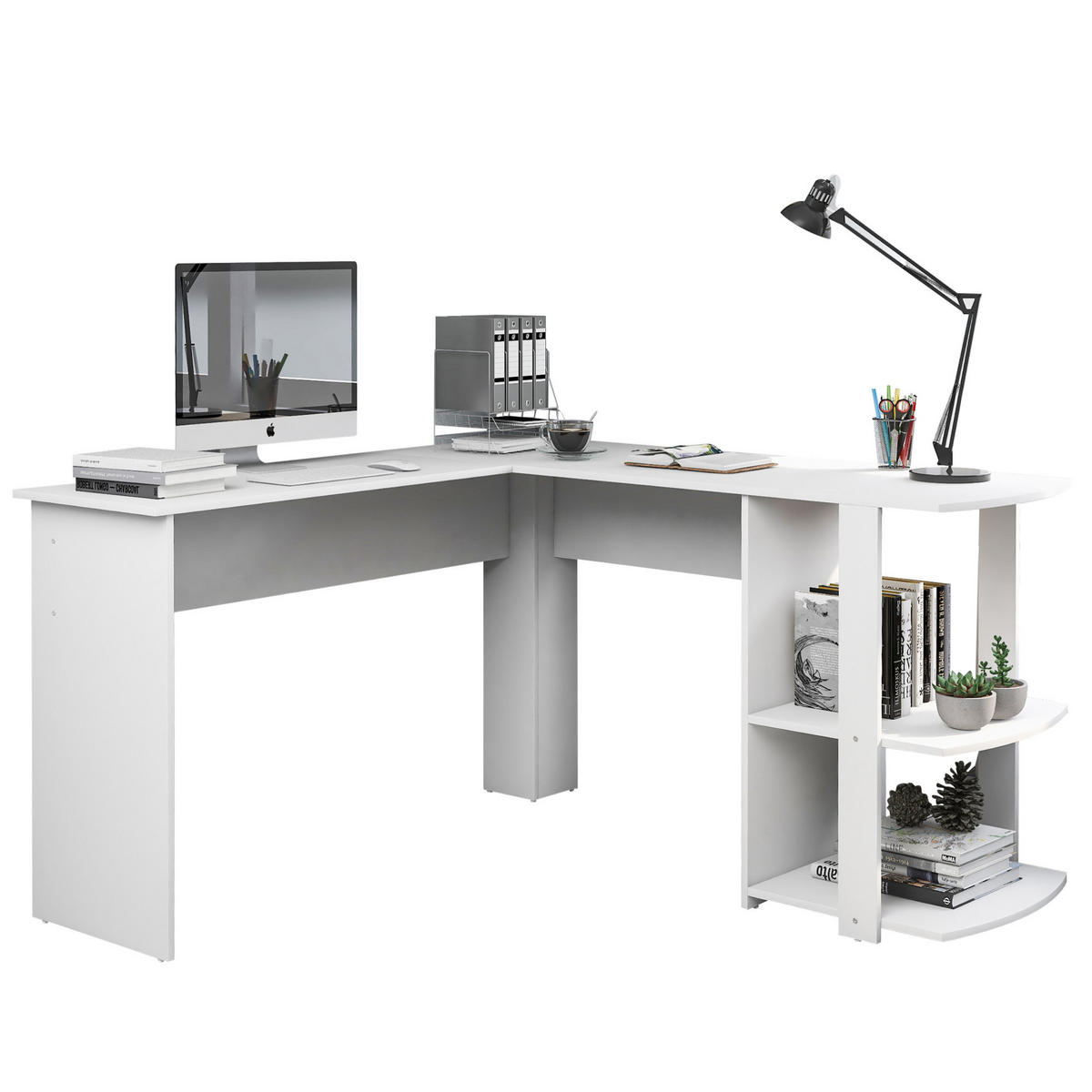 SCHREIBTISCH 140/140/75 cm in Weiß mit 2 Ablagen und Kabeldurchlass - Weiß, Holzwerkstoff (140/140/75cm) - BEAOK