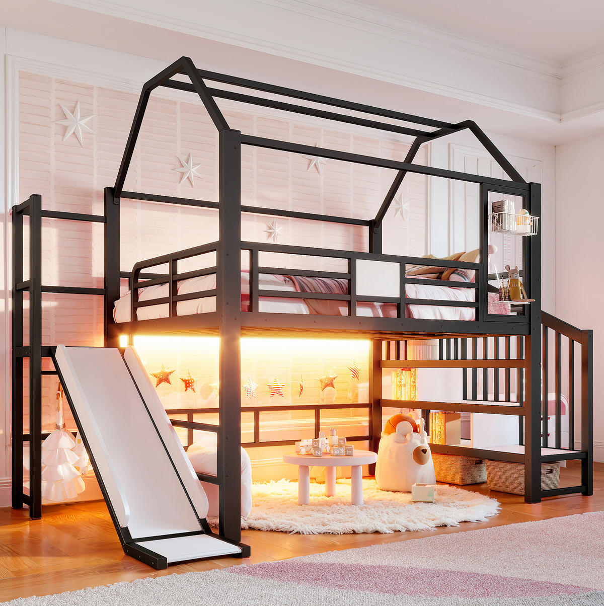 HOCHBETT aus MDF und Metall 140x200 cm Schwarz mit Rutsche, Stauraumtreppe und Bluetooth-LED-Beleuchtung - Schwarz, Holzwerkstoff (140/200cm) - IVMEU
