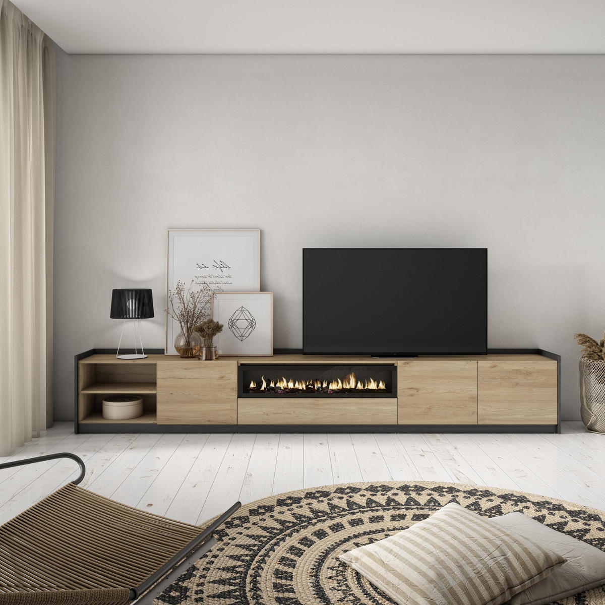 TV-SCHRANK, Lowboard, Eiche Schwarz, Elektrokamin, 310/37/50cm - Eichefarben, Holzwerkstoff (310/50/37cm) - Skraut Home