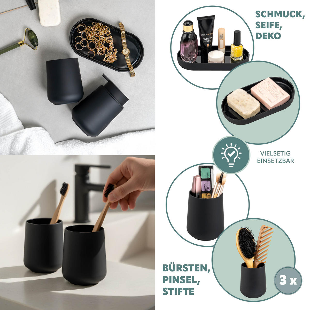 BAD-ACCESSOIRES-SET TESERO 5tlg., Soft-Touch, schwarz - Schwarz, Kunststoff (8.5/12/9cm) - eluno