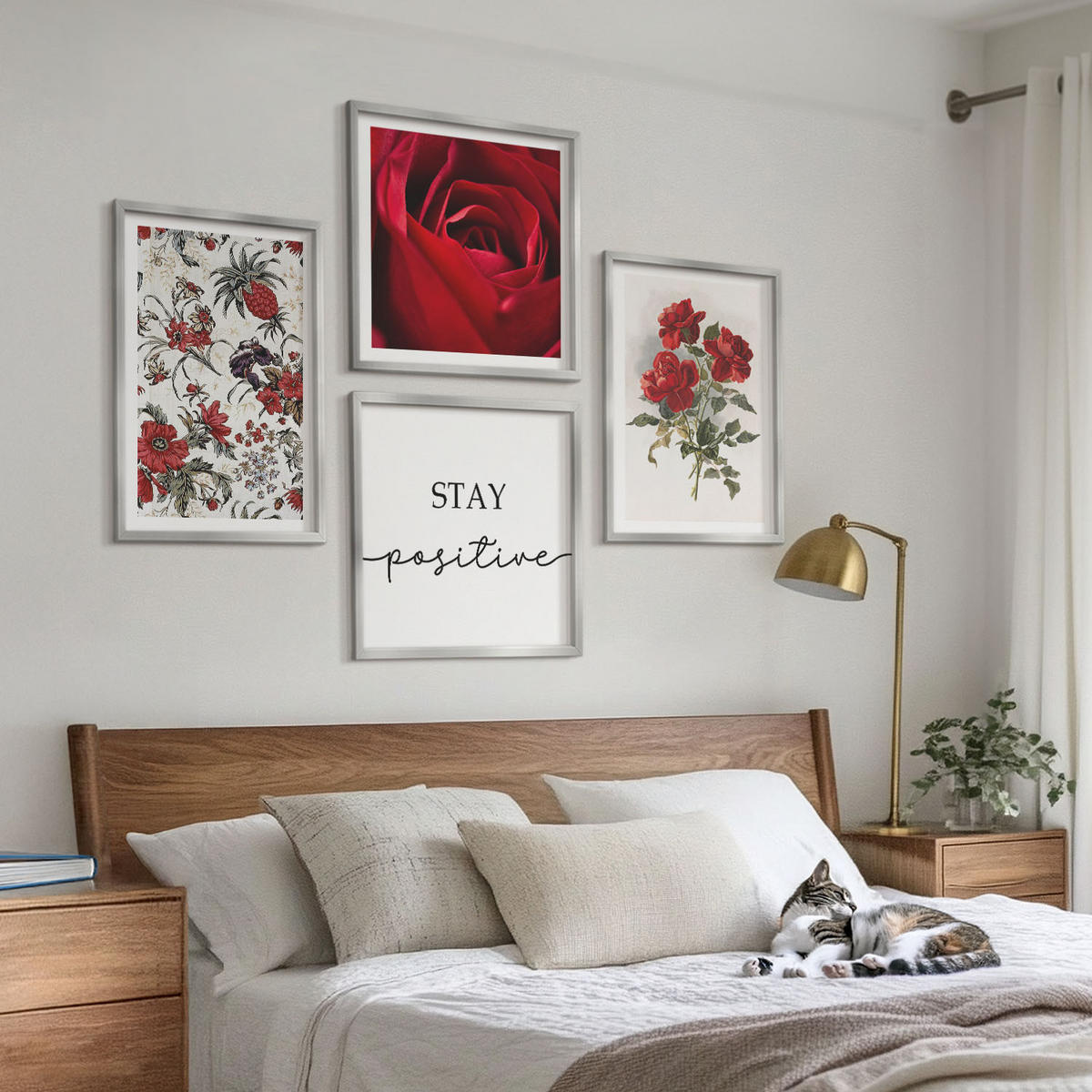 BILDER SET 4er Set - 50x50 cm & 40x60 cm Silberner Rahmen - Inschrift mit roten Rosen - Silberfarben, Kunststoff (50/50cm) - TULUP