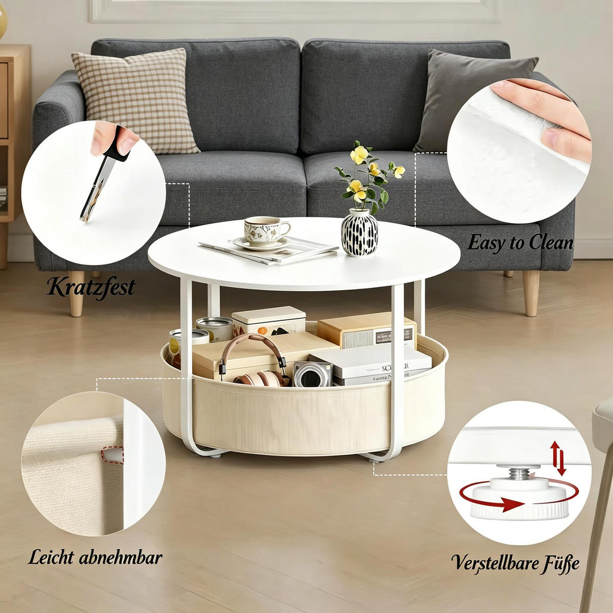 COUCHTISCH DE-37243 rund mit Leinwandkorb Weiß - Weiß, Metall (80/80/50cm) - ComfortXL