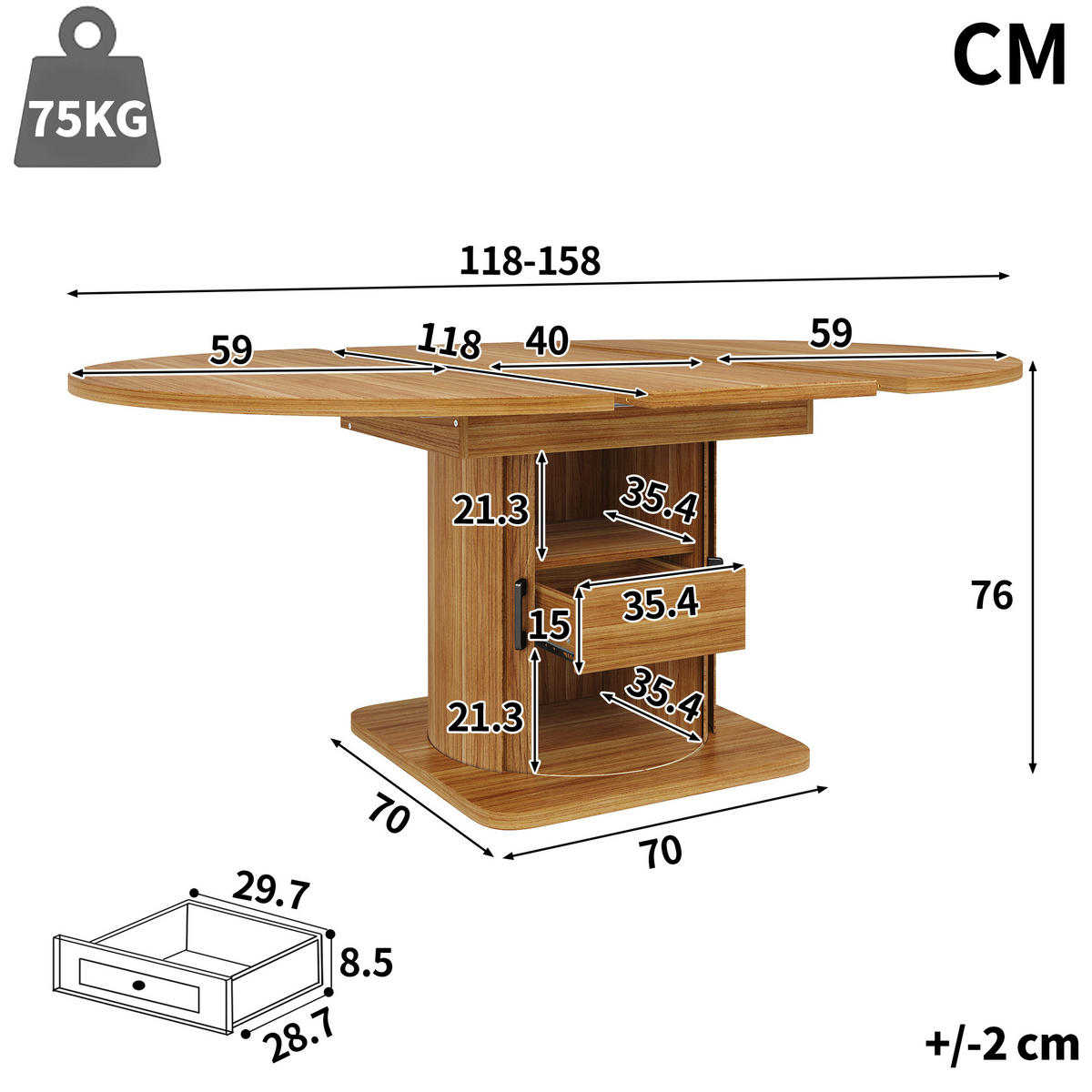 ESSTISCH in Holzoptik Runder Küchentisch mit 118-158 ausziehbarer Tisch und Schubladen, 118-158/118/76cm - Naturfarben, Holzwerkstoff (118/118/76cm) - STILVORA