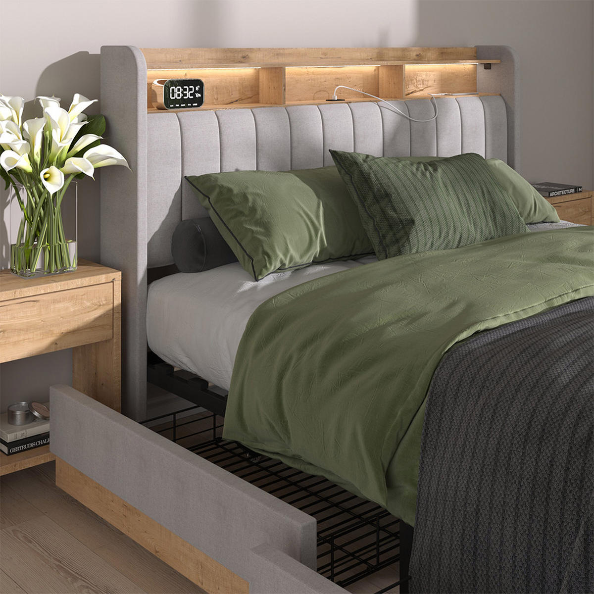 ČALOUNĚNÁ POSTEL Nura Šedá - šedá/barva dubu, kompozitní dřevo - VitaliSpa