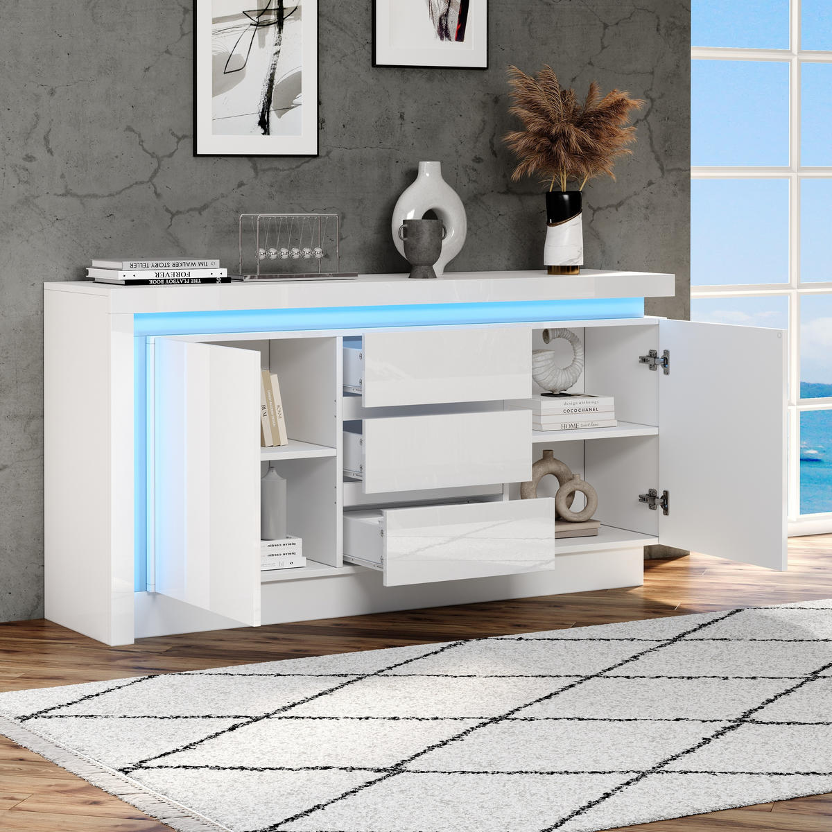 SIDEBOARD LED Weiß 2 Türen 3 Schubladen 140x35x72cm Hochglanz - Weiß, Holzwerkstoff (35/72/140cm) - FLIEKS