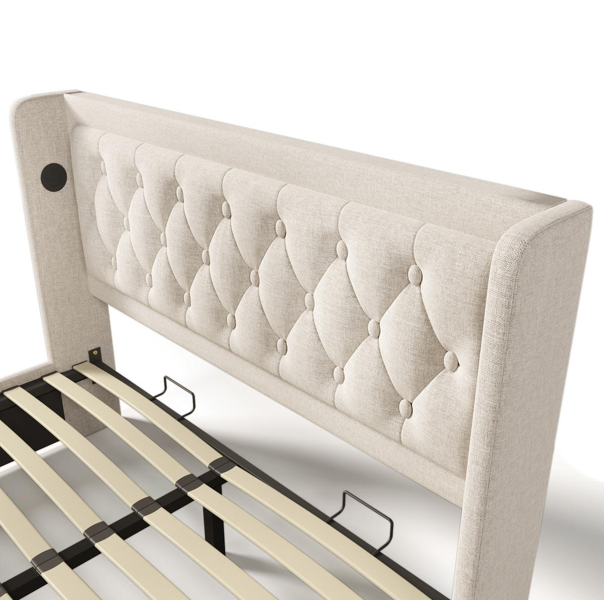POLSTERBETT aus Baumwolle 140x200 cm Beige mit Matratze, Bettkasten, LED-Beleuchtung und USB-/Typ-C-Anschlüssen - Beige, Textil (140/200cm) - IVMEU