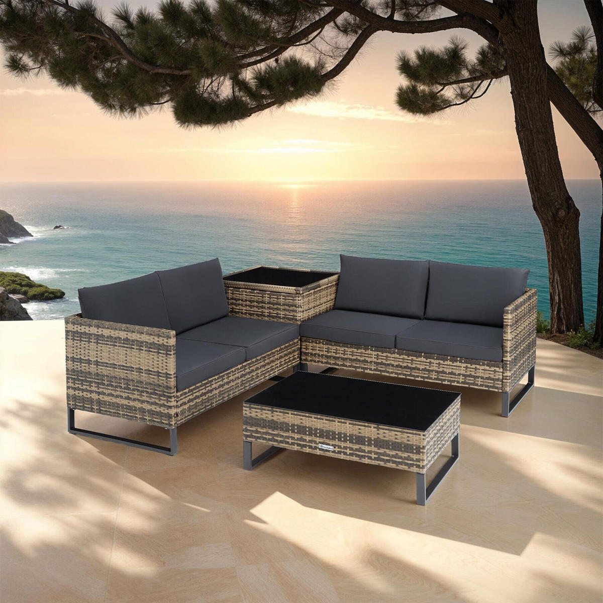 RATTANLOUNGE Ostuni,mit Sicherheitsglasplatte,natur - Naturfarben, Kunststoff - tectake