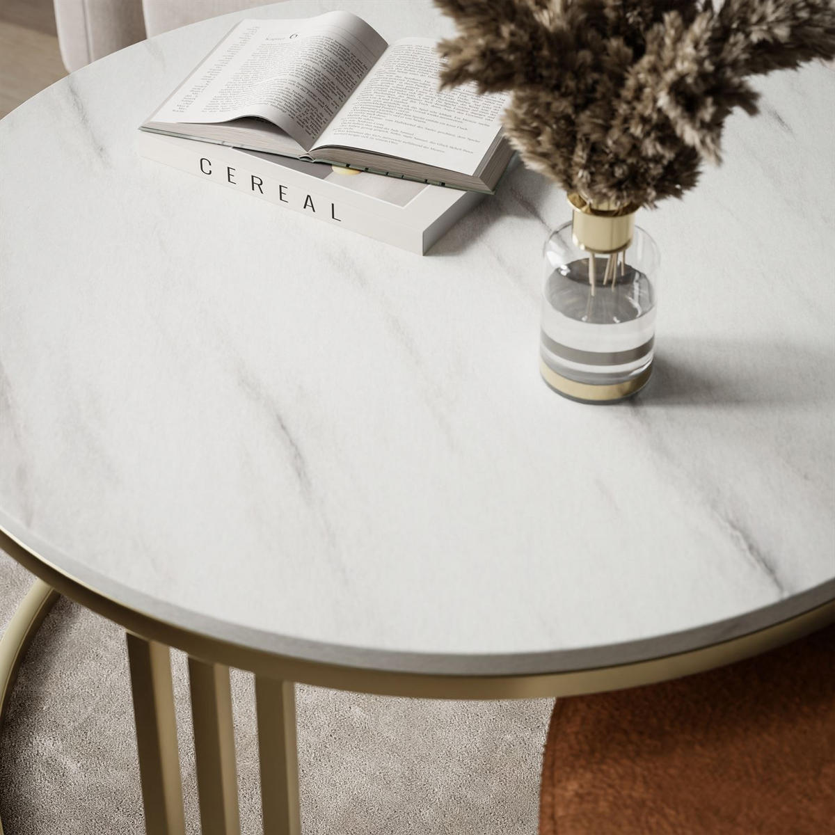 COUCHTISCH mit Hocker LORI MAT gebürstetes Gold/Marmor Levanto/Perfect Harmony 52 - Weiß, Metall (70/70/49cm) - Lookway