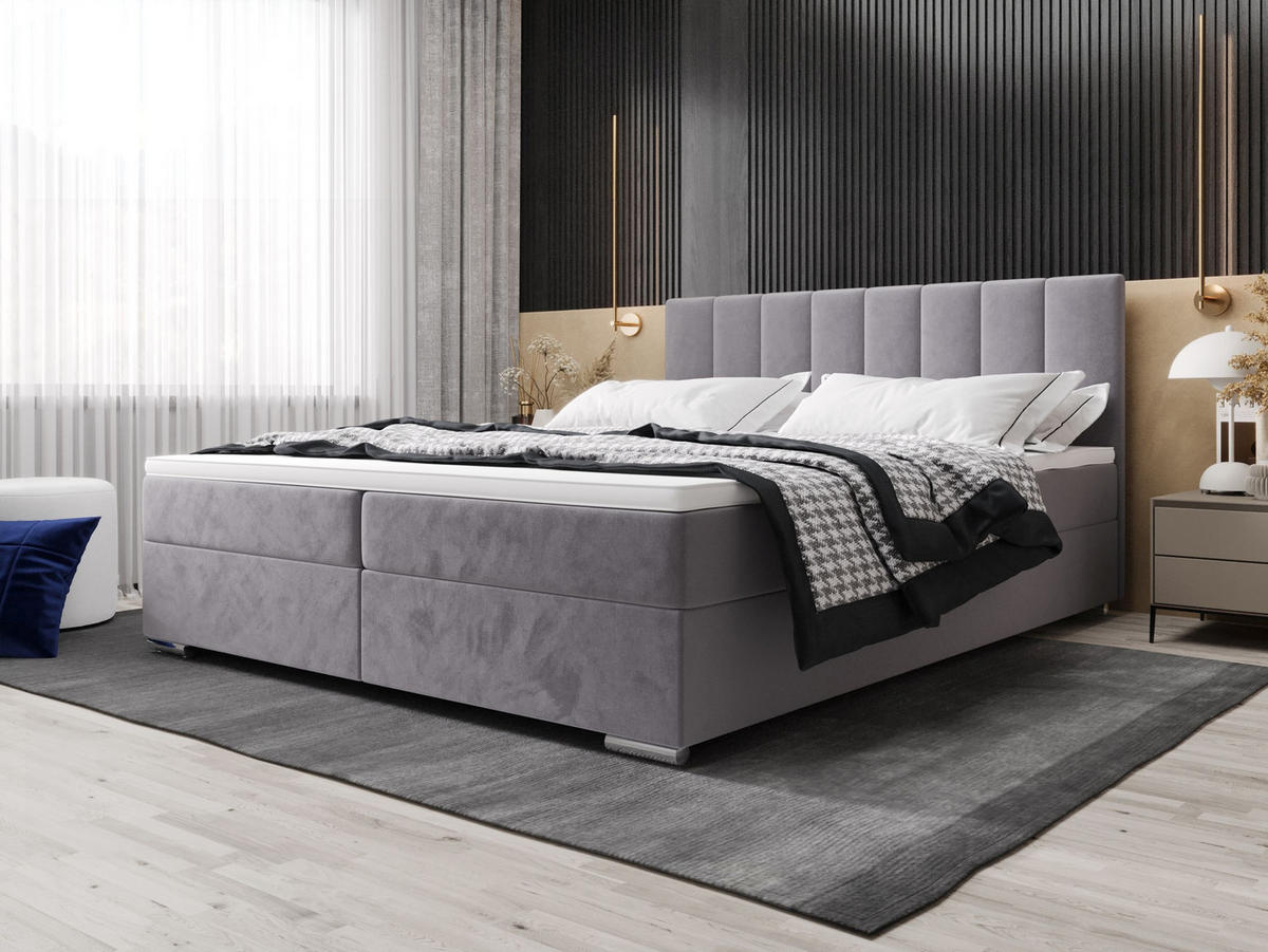 BOXBETT ZILANO 2 mit Matratze H3 und Topper 180x200 Itaka 50 - Hellgrau, Holz/Textil (180/200cm) - Bedante
