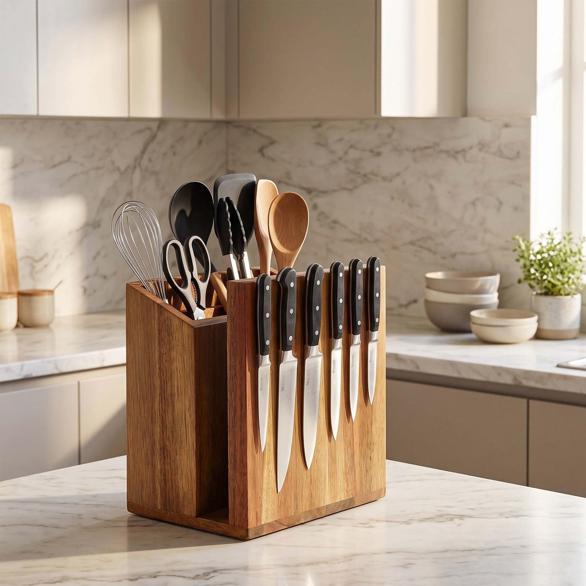 MESSERBLOCK Braun Akazienholz magnetisch mit Utensilienhalter 21,5 cm - Braun, Holz (19/21.5/13cm) - Relaxdays