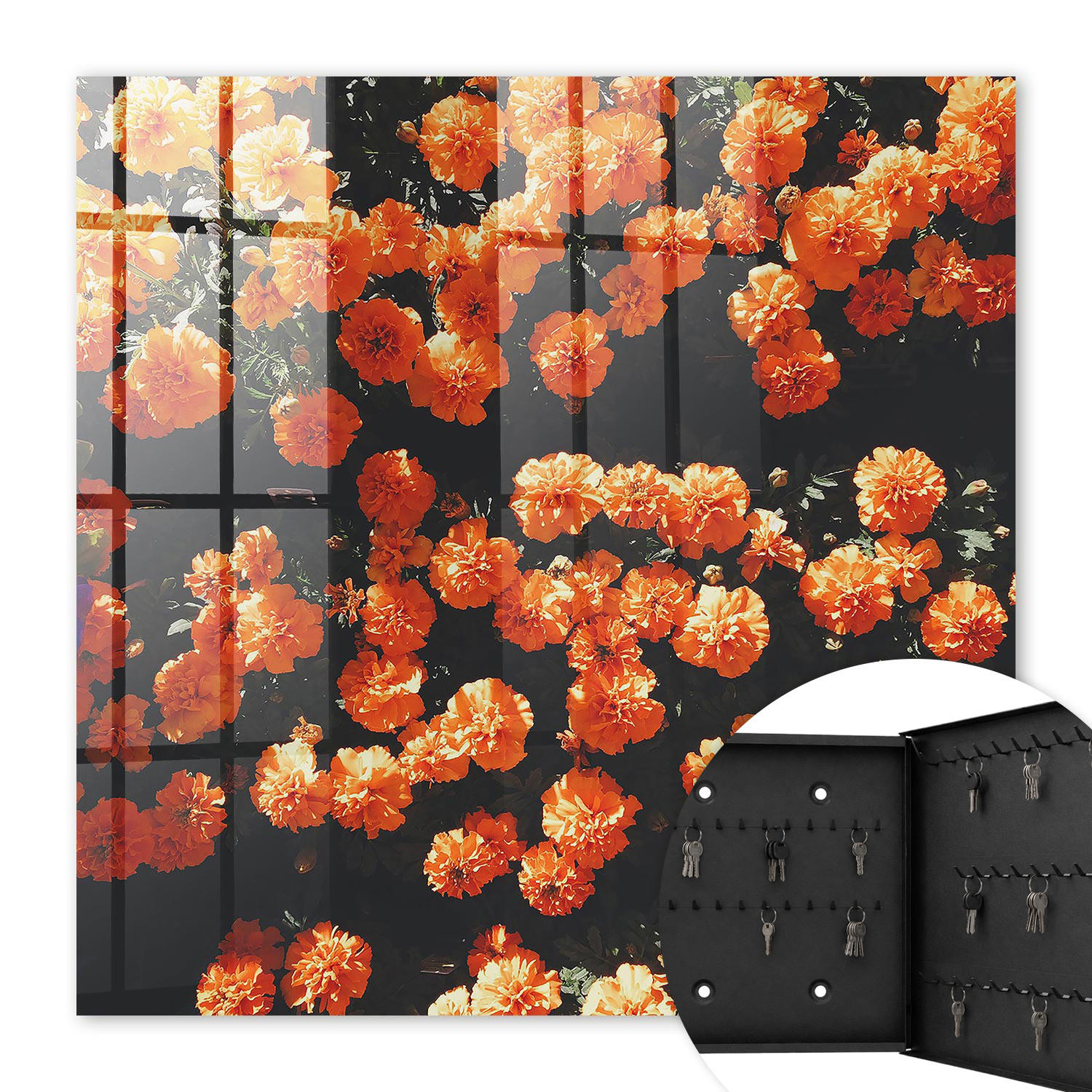 SCHLÜSSELBOX Schwarz 30x30 cm- Türöffnung nach rechts - Blühende Fülle - Orange, Metall (30/30/5cm) - TULUP