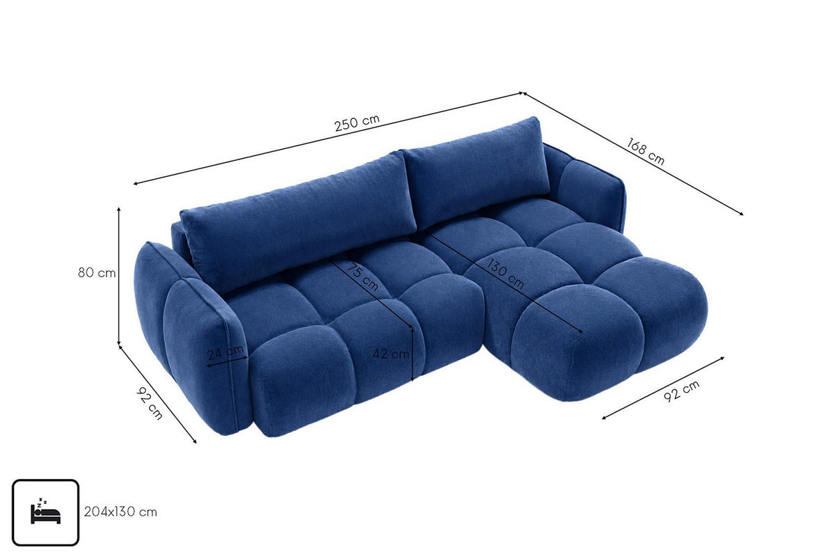 ROHOVÁ SEDAČKA ve tvaru L s funkcí spaní, velurová tkanina Bluvel, Inkoustově modrá, Pravá strana, BELVEDER L - modrá, dřevo (250/168cm) - Kaiser Möbel