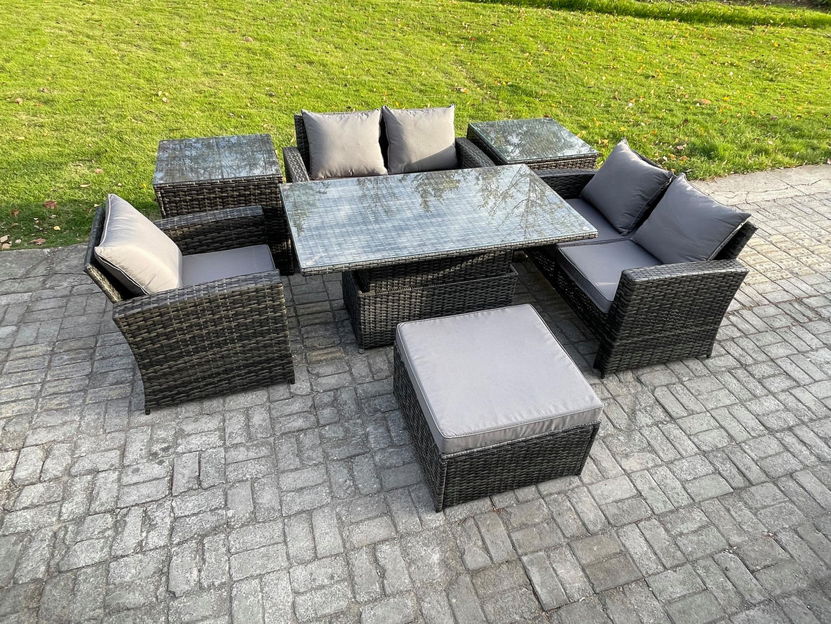 GARTENSOFA mit hoher Rückenlehne Polyrattan Dunkelgrau 6-Sitzer - Dunkelgrau, Metall - Fimous